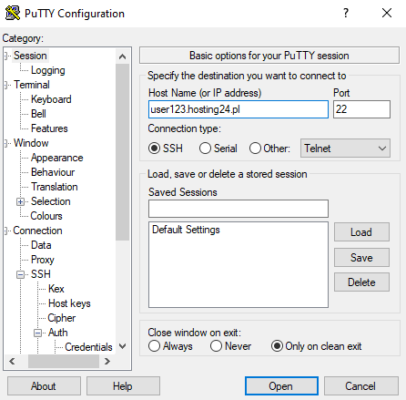 Konfiguracja putty