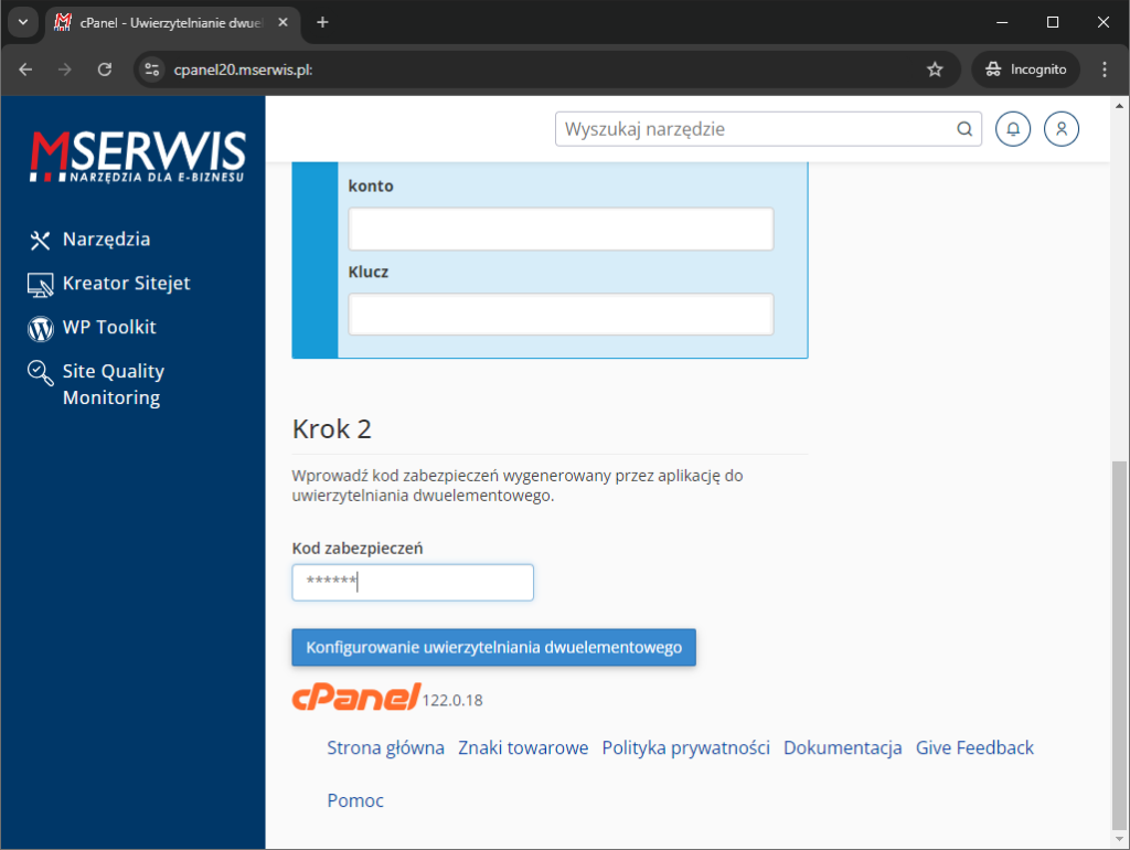 Rys 10 Zakończenie procesu konfiguracji uwierzytelnienia dwuelementowego do cPanel