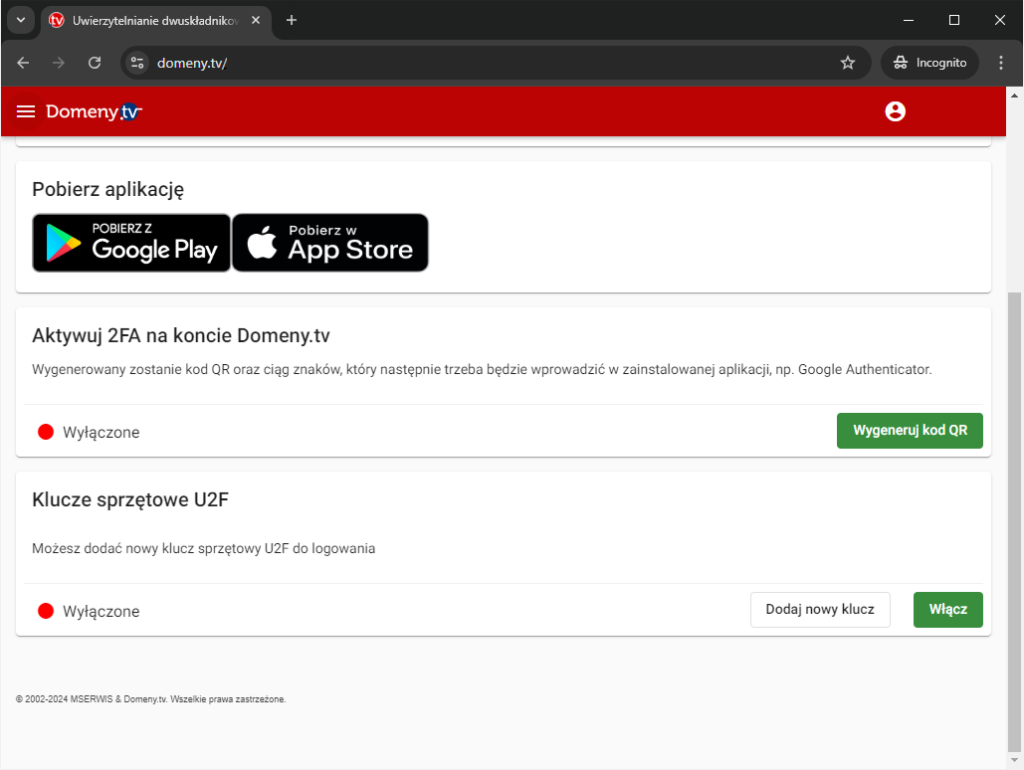 Rys 11 Konfiguracja 2FA w panelu zarządzającym usługami Domenytv
