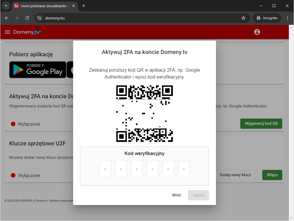 Rys 12 Kod QR do zeskanowania w aplikacji Google Authenticator