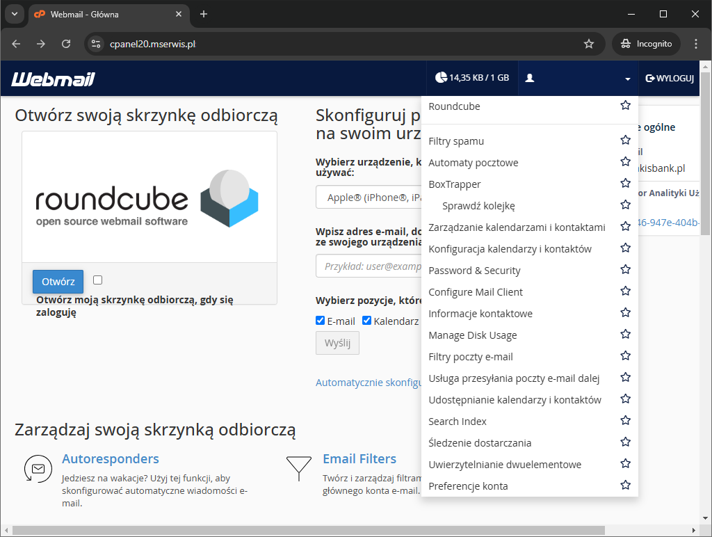 Rys 14 Menu Webmaila cPanel