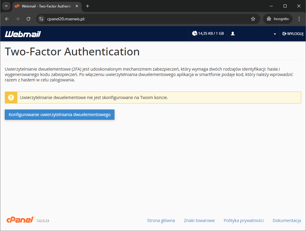 Rys 15 Rozpoczęcie konfiguracji 2FA w Webmail cPanel