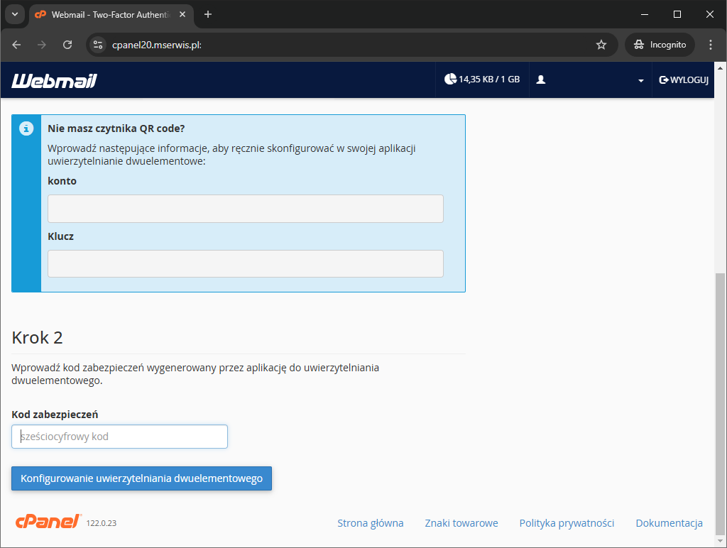 Rys 17 Okno do uruchomienia 2FA w Webmail cPanel
