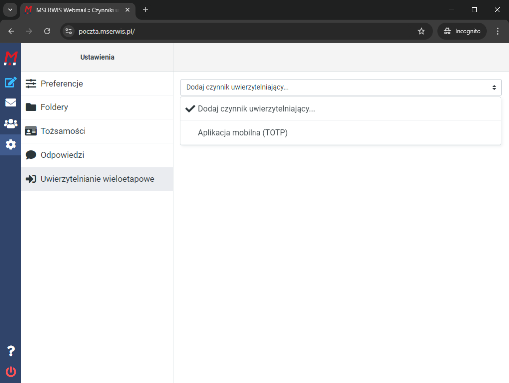 Rys 19 Ustawienia uwierzytelniania wieloetapowegow webmail