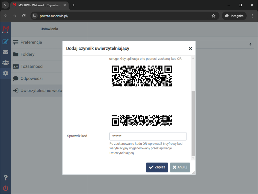 Rys 20 Kod QR w webmail do zeskanowania w aplikacji Google Authenticator