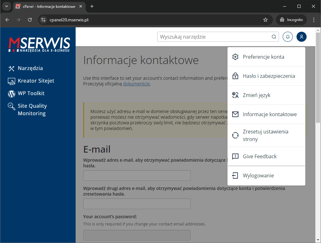 Rys 3 Właściwości konta użytkownika w cPanel