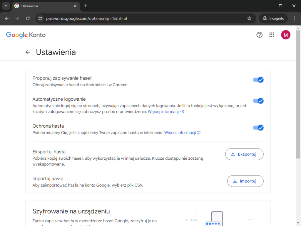 Rys 6 Ustawienia menedżera haseł Google