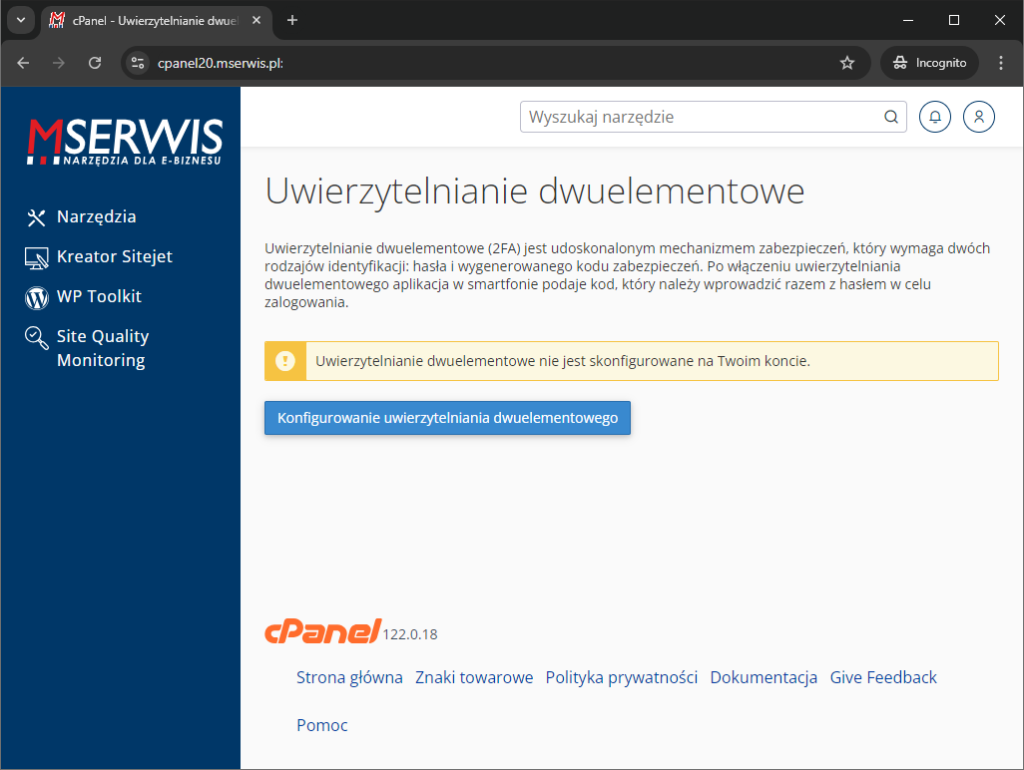 Rys 8 Konfigurowanie uwierzytelnienia dwuelementowego do cPanel