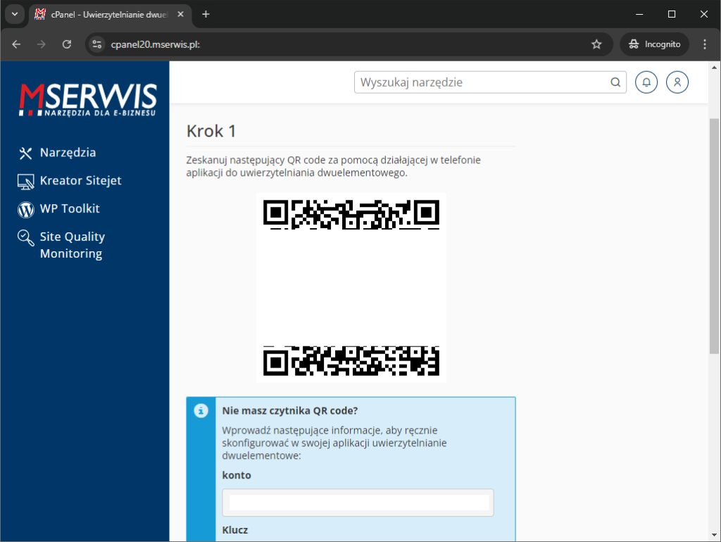 Rys 9 Kod QR w cPanel do zeskanowania w aplikacji Google Authenticator