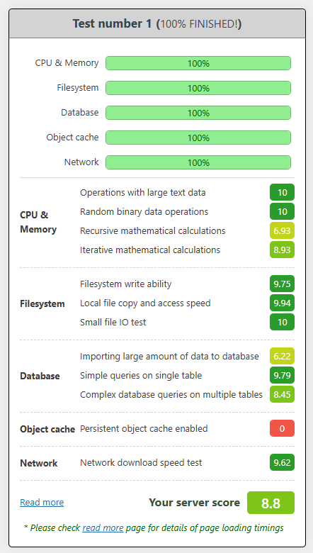 Wynik testu Hosting Benchmark Tool z wyłączonym Redisem, AccelerateWP oraz NGINX Caching