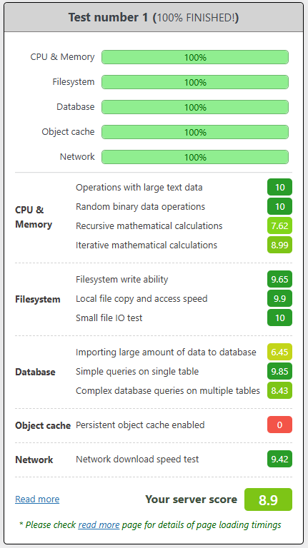 Wynik testu Hosting Benchmark Tool z wyłączonym Redisem, ale włączonym AccelerateWP oraz NGINX Caching