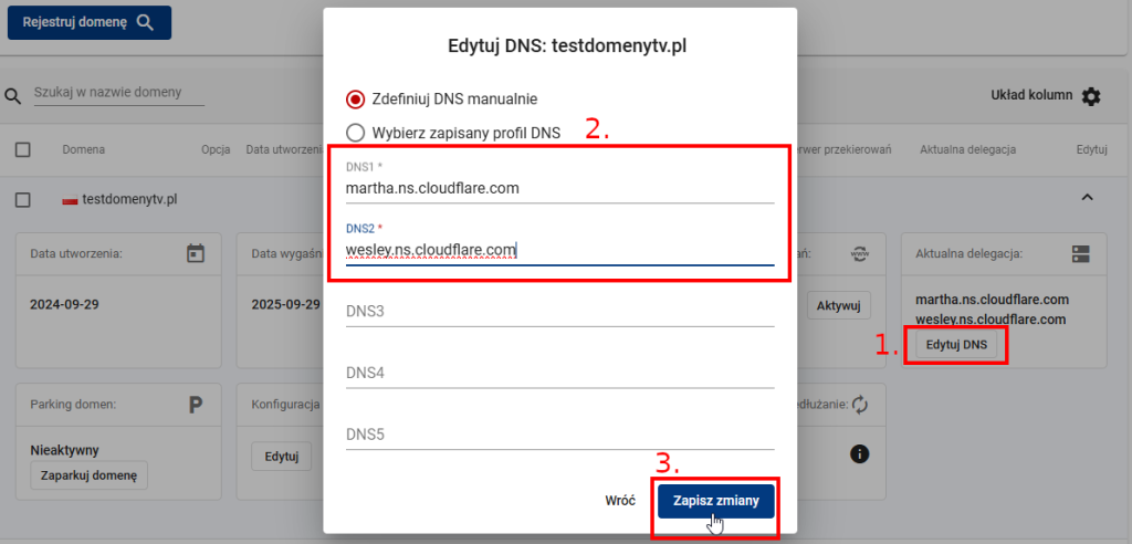 edycja strefy dns w domeny.tv