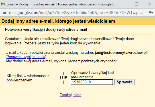 Integracja z Gmail - potwierdzenie weryfikacji 