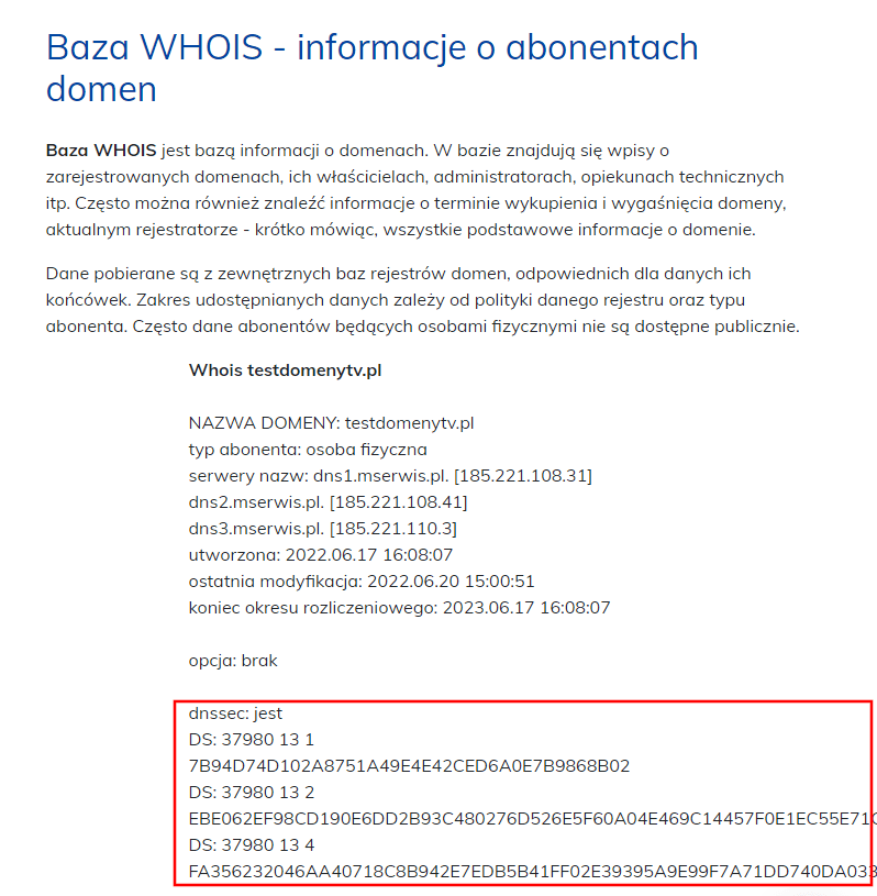sprawdzanie domeny z dnssec w bazie whois